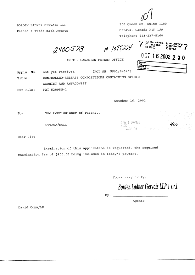 Canadian Patent Document 2400578. Prosecution-Amendment 20021016. Image 1 of 1