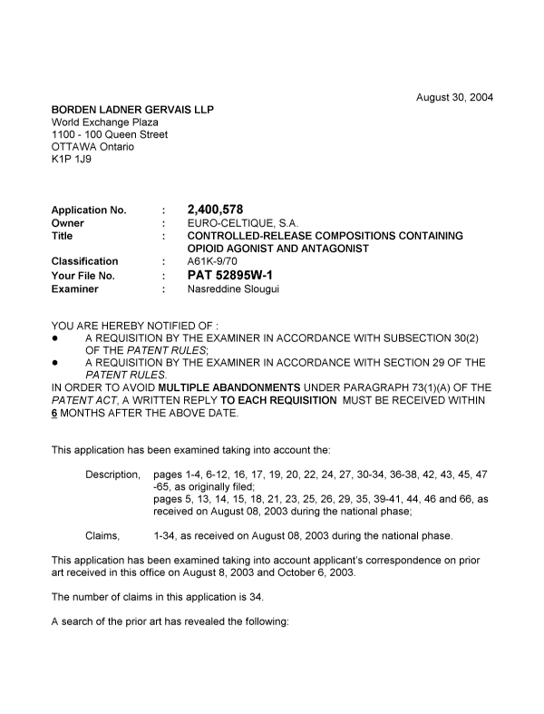Canadian Patent Document 2400578. Prosecution-Amendment 20040830. Image 1 of 3