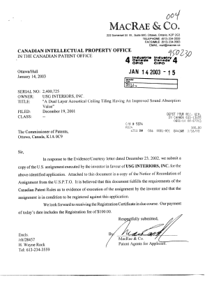 Canadian Patent Document 2400725. Assignment 20030114. Image 1 of 6
