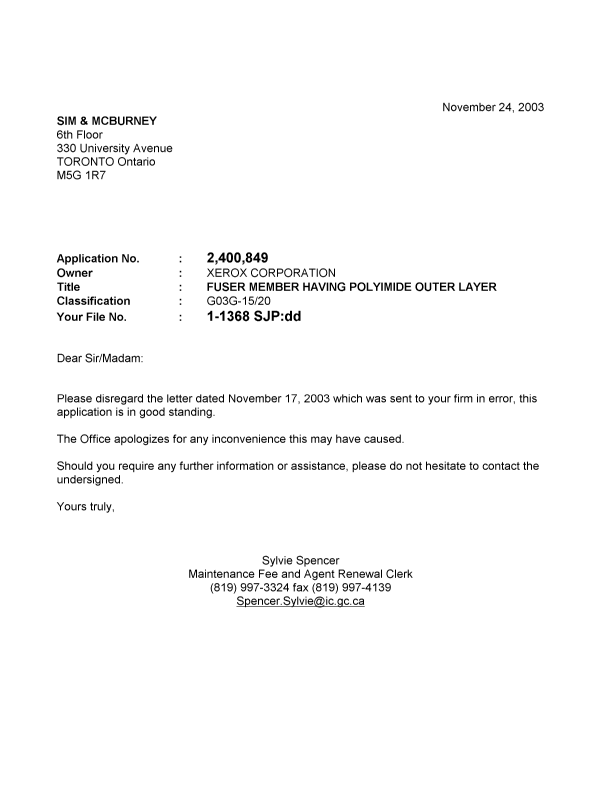 Canadian Patent Document 2400849. Correspondence 20031124. Image 1 of 1