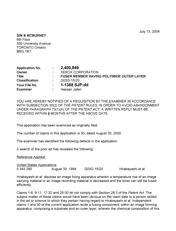 Canadian Patent Document 2400849. Prosecution-Amendment 20040713. Image 1 of 2