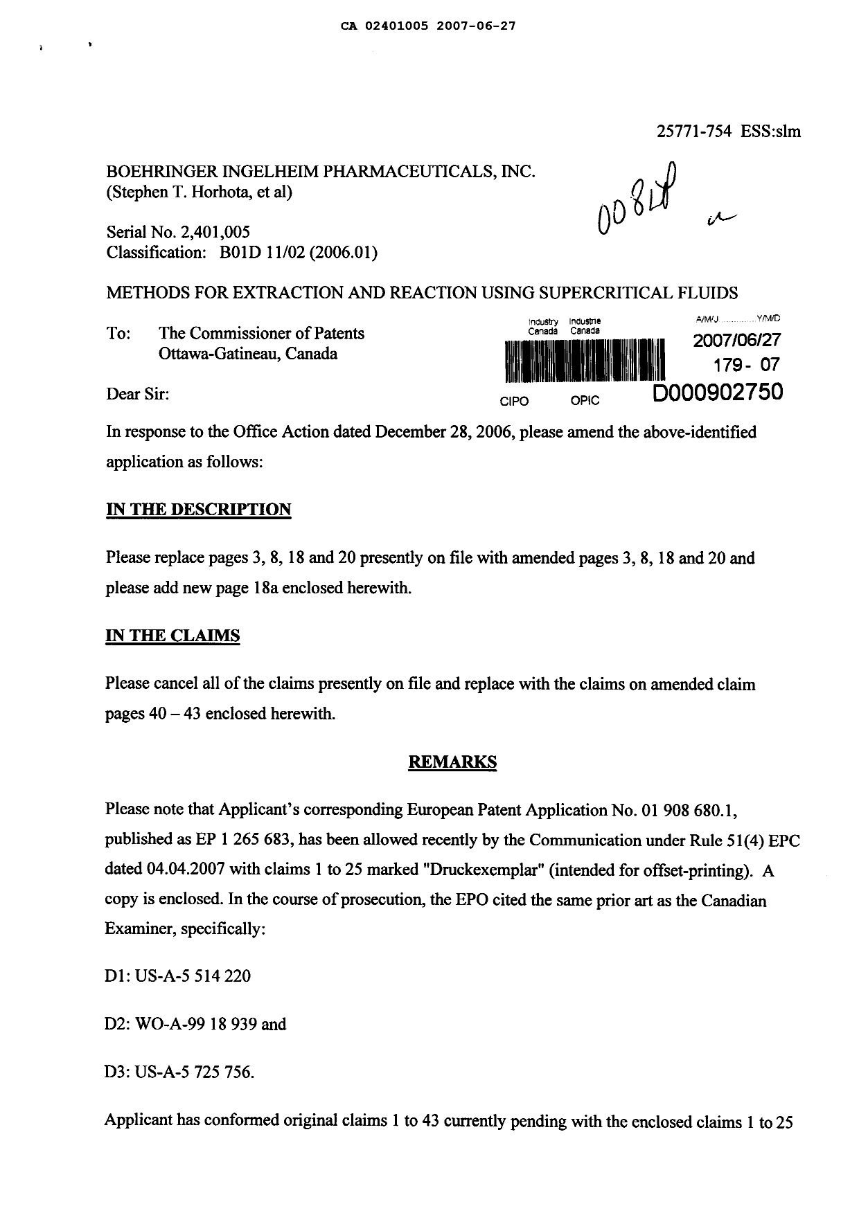 Canadian Patent Document 2401005. Prosecution-Amendment 20070627. Image 1 of 19