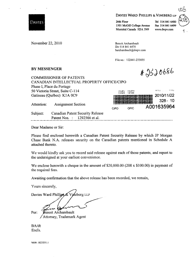 Document de brevet canadien 2401373. Cession 20101122. Image 1 de 17