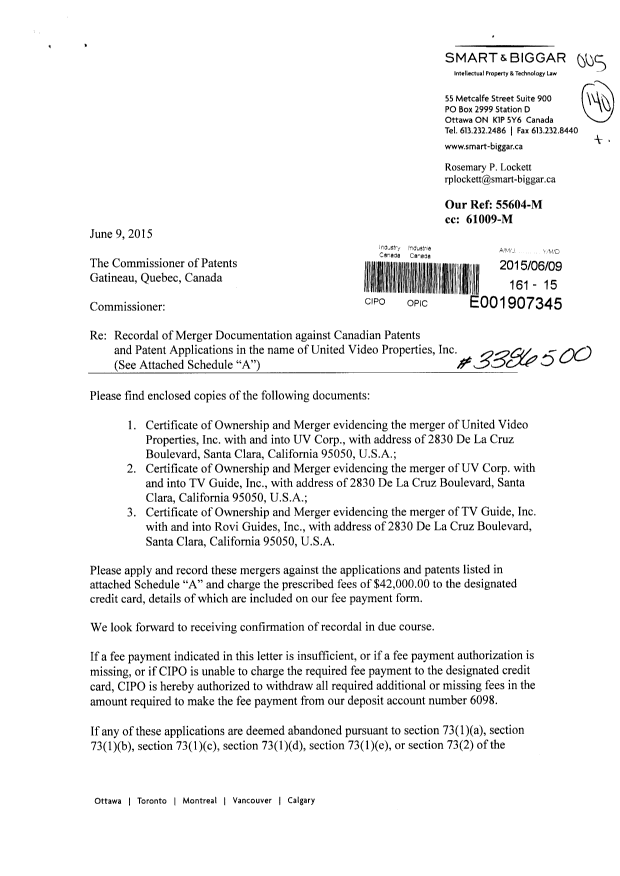 Document de brevet canadien 2401373. Cession 20150609. Image 1 de 21
