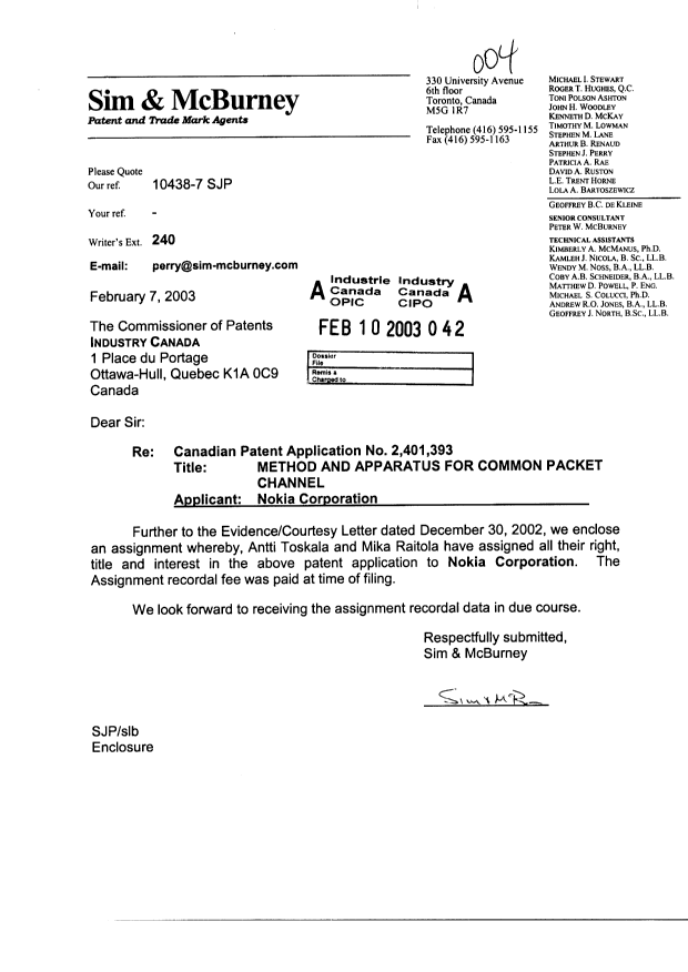 Canadian Patent Document 2401393. Assignment 20030210. Image 1 of 3