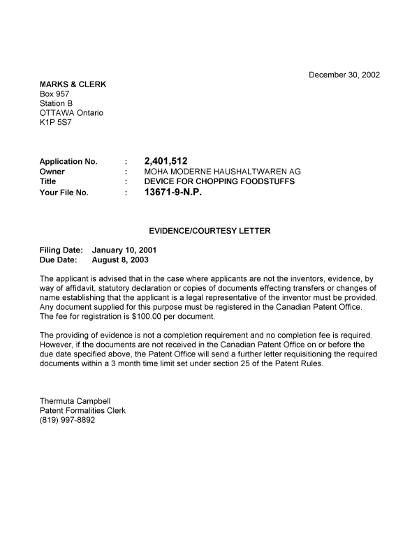 Canadian Patent Document 2401512. Correspondence 20011223. Image 1 of 1