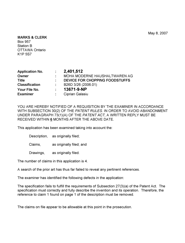 Canadian Patent Document 2401512. Prosecution-Amendment 20061208. Image 1 of 2