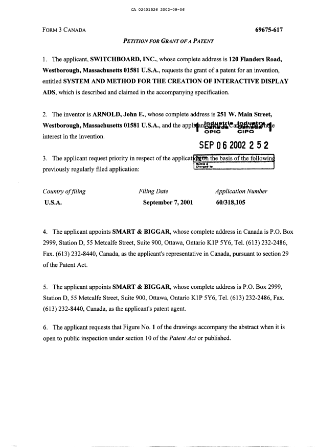Canadian Patent Document 2401526. Assignment 20020906. Image 2 of 2