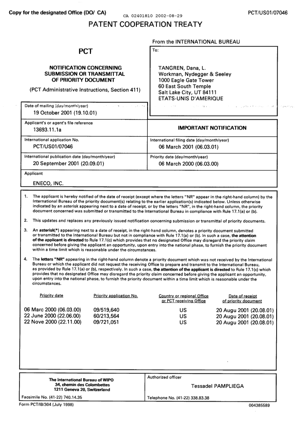 Document de brevet canadien 2401810. PCT 20020829. Image 1 de 4