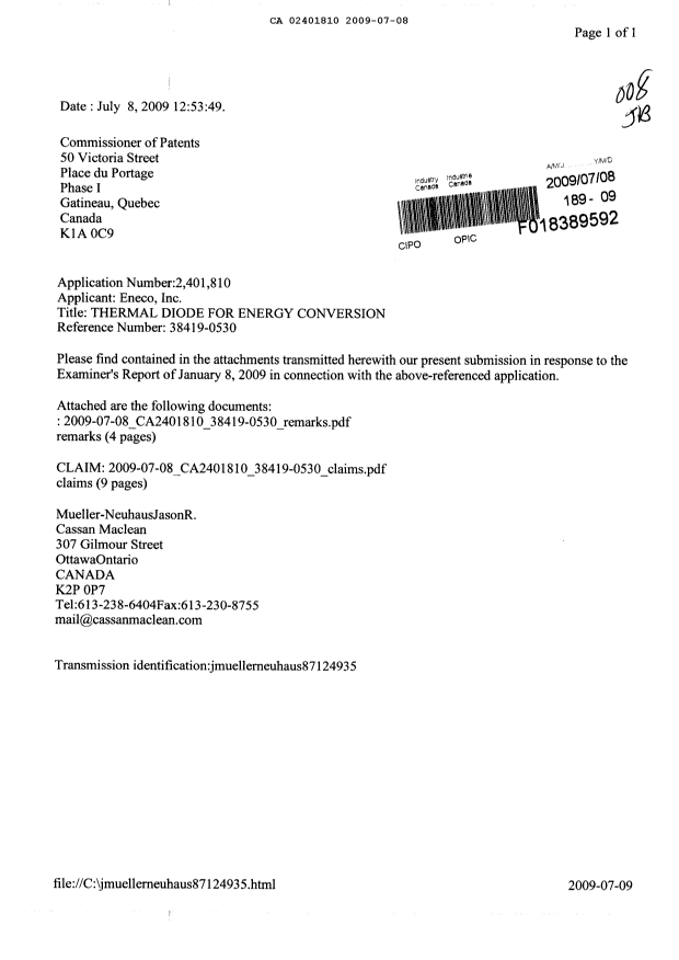 Document de brevet canadien 2401810. Poursuite-Amendment 20090708. Image 1 de 14