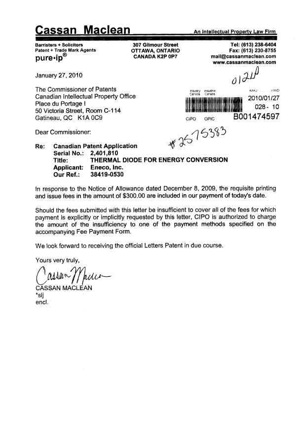 Document de brevet canadien 2401810. Correspondance 20100127. Image 1 de 1