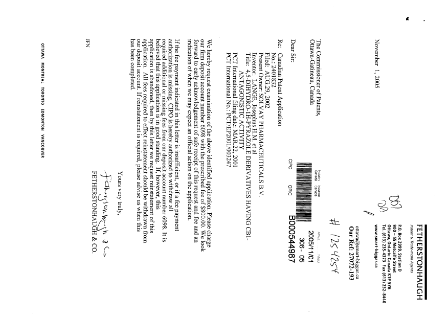 Canadian Patent Document 2401832. Prosecution-Amendment 20051101. Image 1 of 1