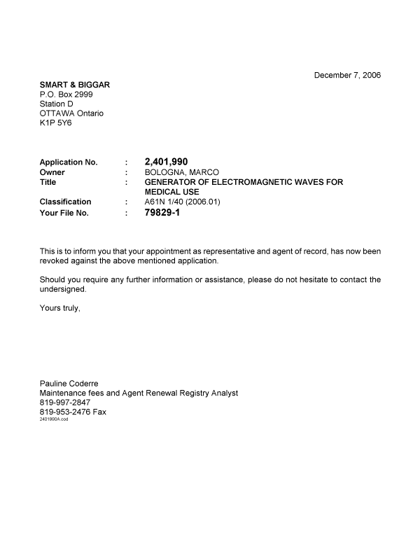 Canadian Patent Document 2401990. Correspondence 20061207. Image 1 of 1