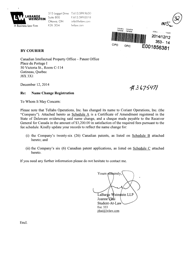 Document de brevet canadien 2402242. Cession 20141212. Image 1 de 7