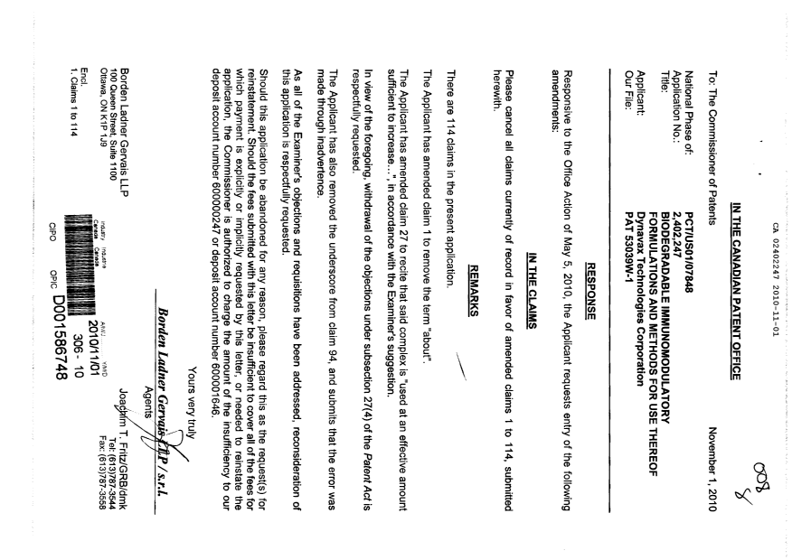 Canadian Patent Document 2402247. Prosecution-Amendment 20101101. Image 1 of 11