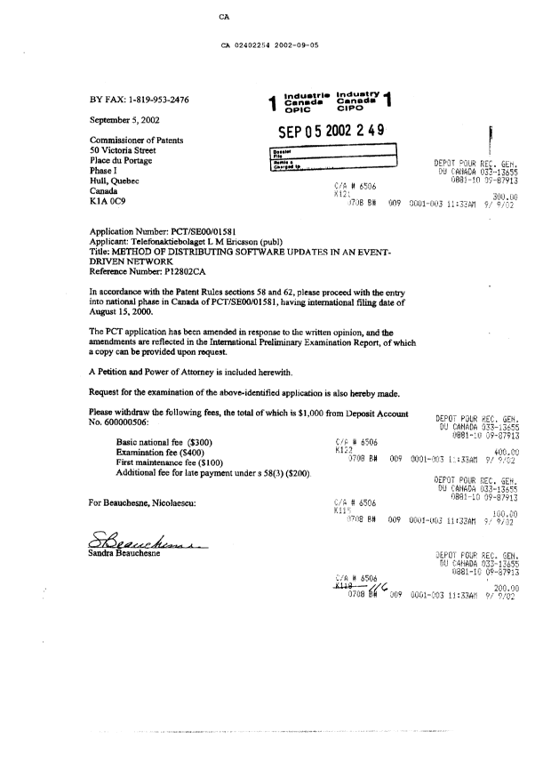 Document de brevet canadien 2402254. Cession 20020905. Image 1 de 4
