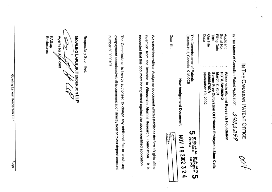 Canadian Patent Document 2402299. Assignment 20021119. Image 1 of 5
