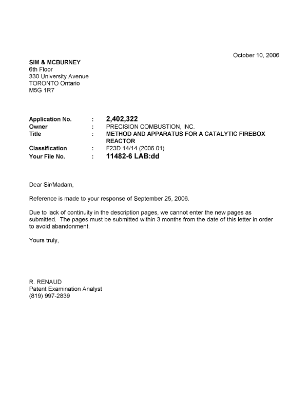 Document de brevet canadien 2402322. Poursuite-Amendment 20061010. Image 1 de 1