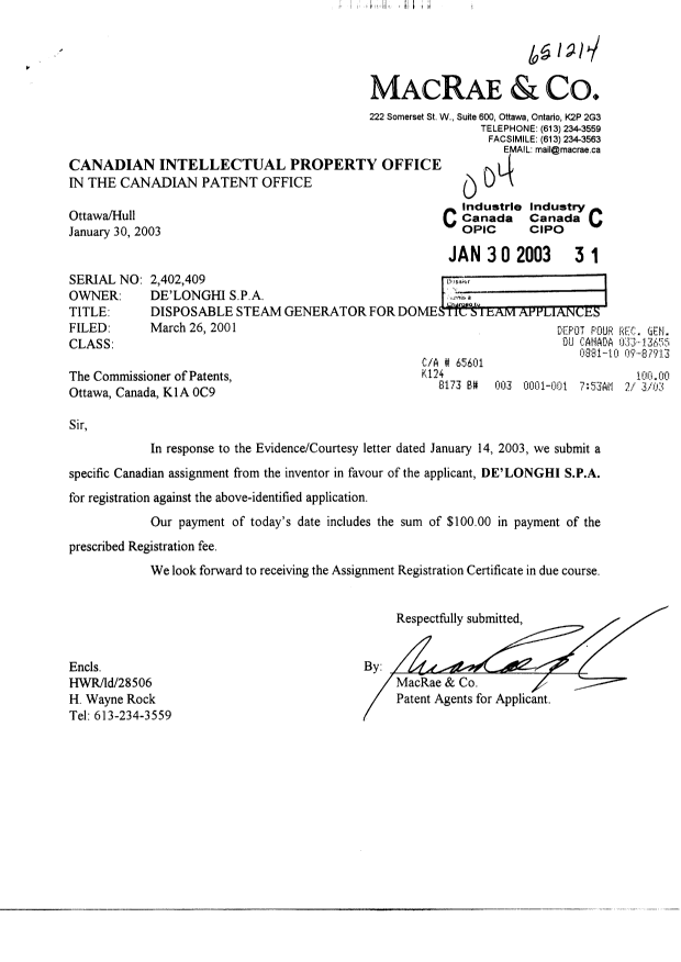 Document de brevet canadien 2402409. Cession 20030130. Image 1 de 2