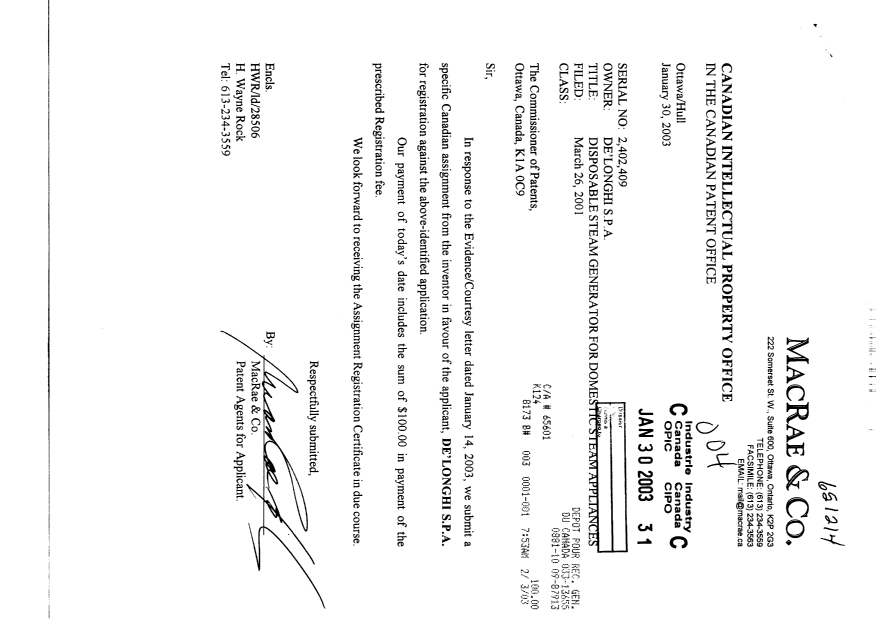 Canadian Patent Document 2402409. Assignment 20030130. Image 1 of 2