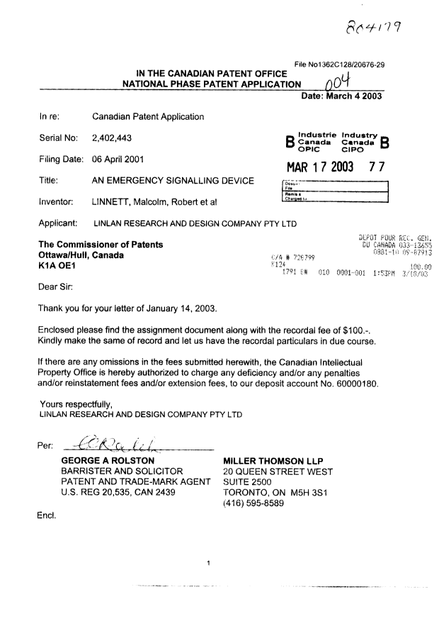 Canadian Patent Document 2402443. Assignment 20030317. Image 1 of 5