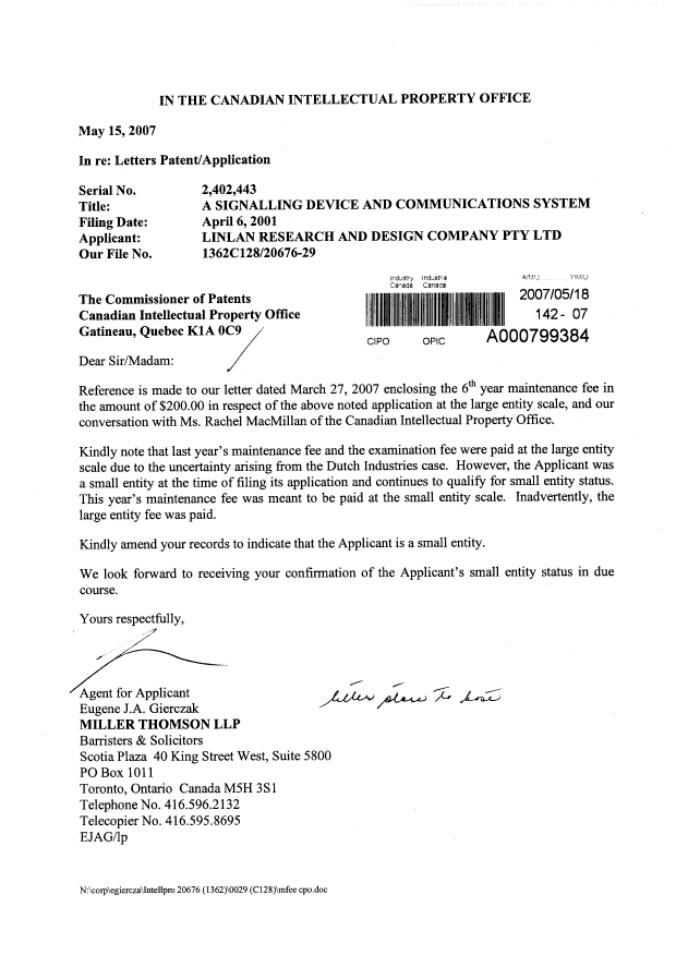 Canadian Patent Document 2402443. Correspondence 20070518. Image 1 of 1