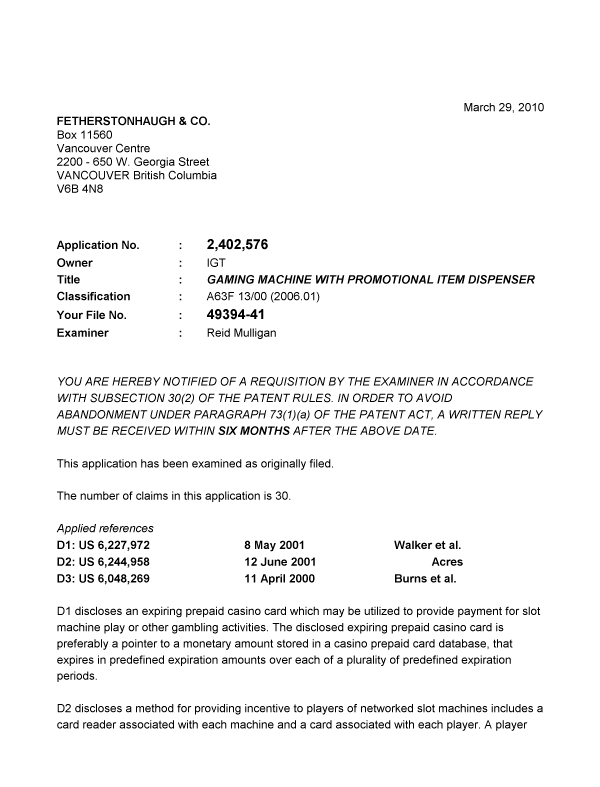 Document de brevet canadien 2402576. Poursuite-Amendment 20100329. Image 1 de 5