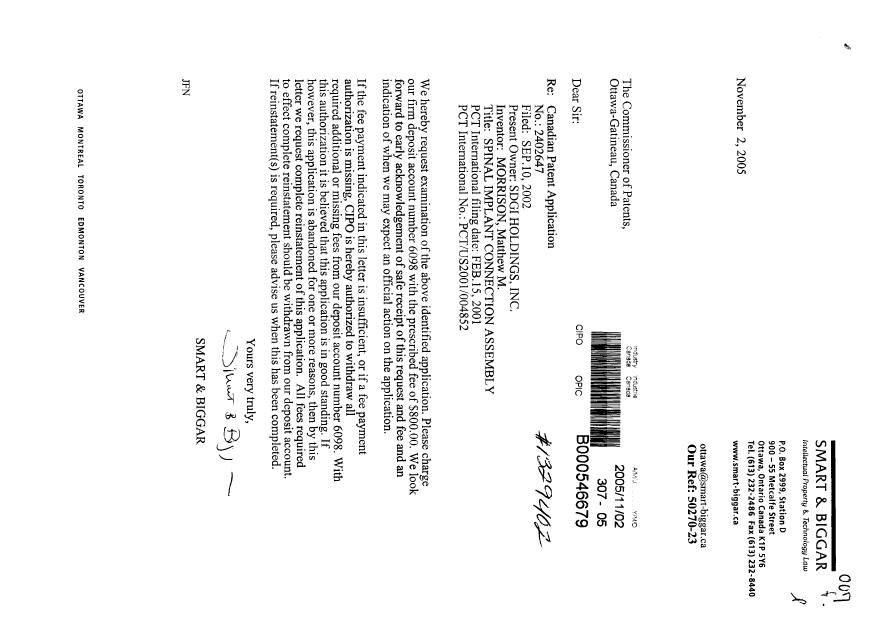 Canadian Patent Document 2402647. Prosecution-Amendment 20051102. Image 1 of 1