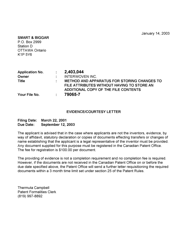 Document de brevet canadien 2403044. Correspondance 20030109. Image 1 de 1