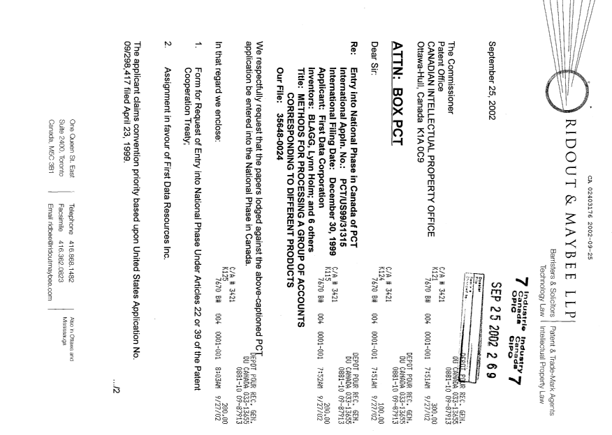 Document de brevet canadien 2403176. Cession 20020925. Image 1 de 12