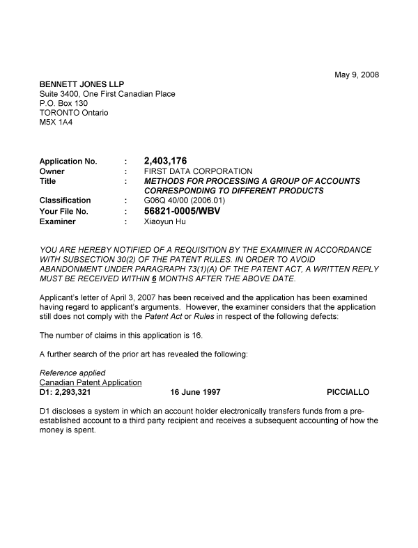 Canadian Patent Document 2403176. Prosecution-Amendment 20080509. Image 1 of 6