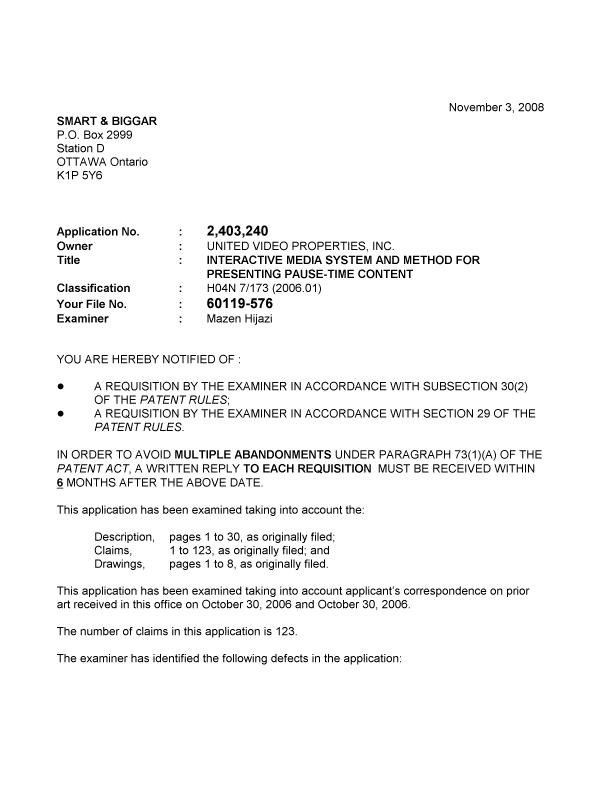 Canadian Patent Document 2403240. Prosecution-Amendment 20081103. Image 1 of 3