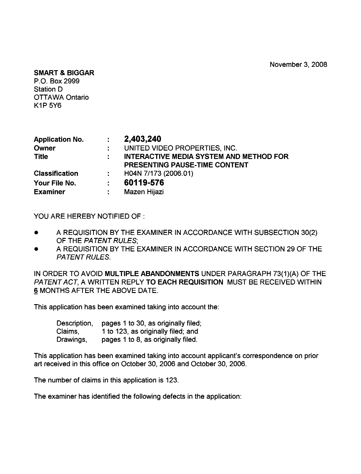 Canadian Patent Document 2403240. Prosecution-Amendment 20081103. Image 1 of 3