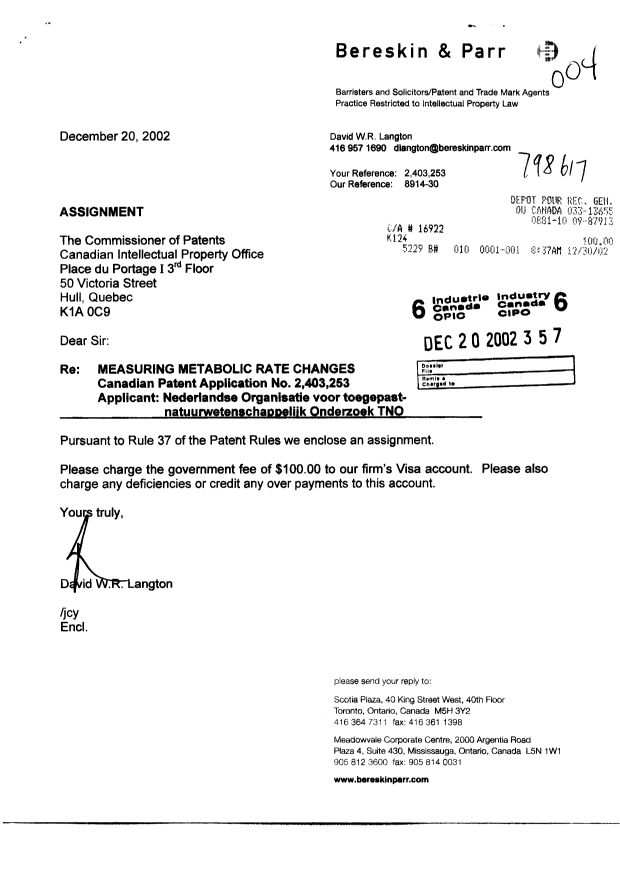Document de brevet canadien 2403253. Cession 20021220. Image 1 de 2