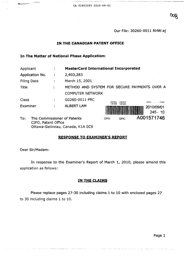 Canadian Patent Document 2403283. Prosecution-Amendment 20100901. Image 1 of 19