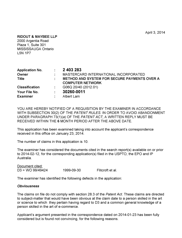 Canadian Patent Document 2403283. Prosecution-Amendment 20140403. Image 1 of 2