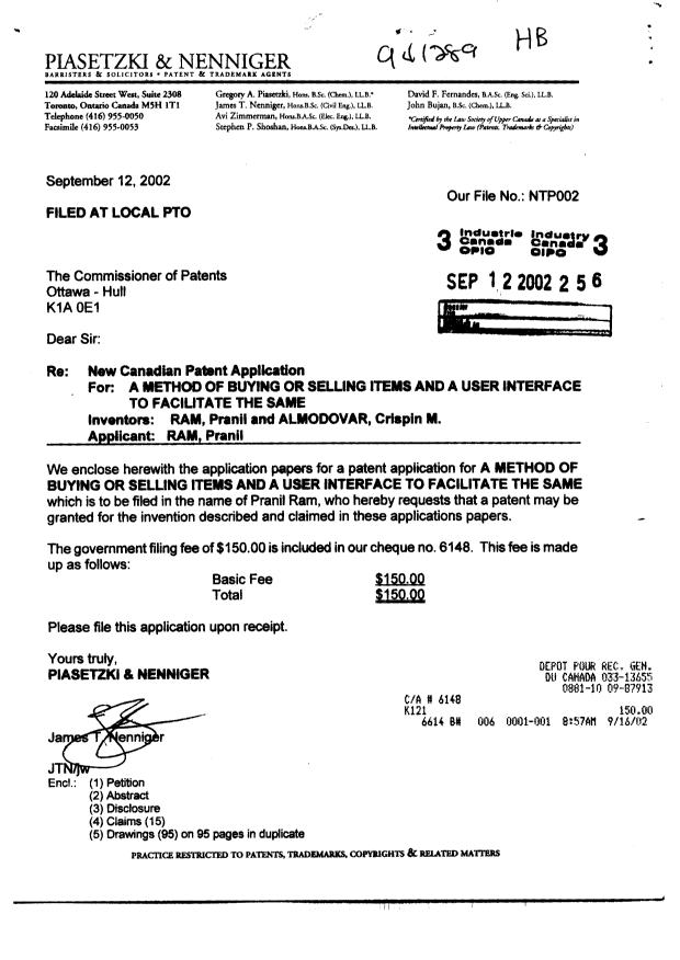 Document de brevet canadien 2403300. Cession 20020912. Image 1 de 3