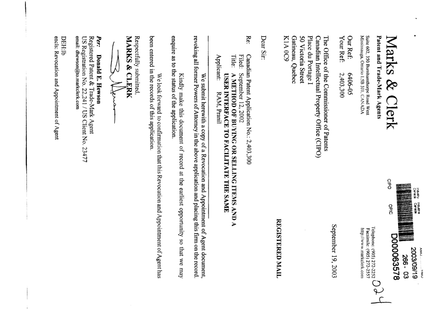 Canadian Patent Document 2403300. Correspondence 20030919. Image 1 of 2