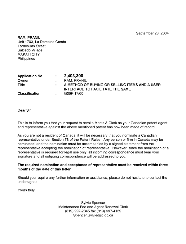 Document de brevet canadien 2403300. Correspondance 20040923. Image 1 de 1