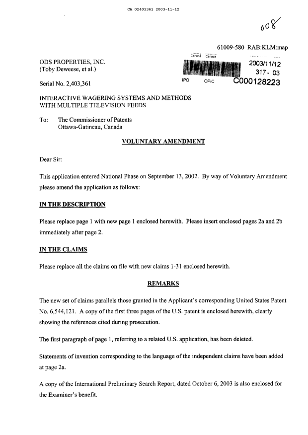 Canadian Patent Document 2403361. Prosecution-Amendment 20021212. Image 1 of 11