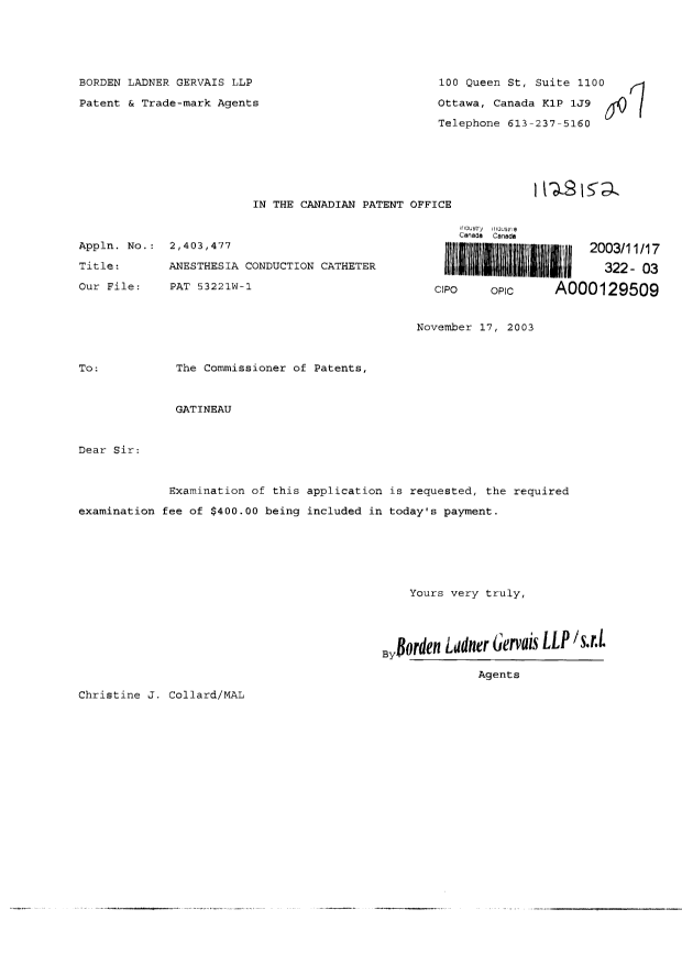 Canadian Patent Document 2403477. Prosecution-Amendment 20031117. Image 1 of 1