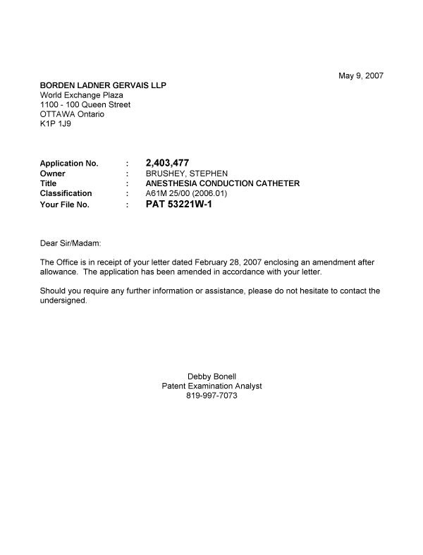 Canadian Patent Document 2403477. Prosecution-Amendment 20070509. Image 1 of 1