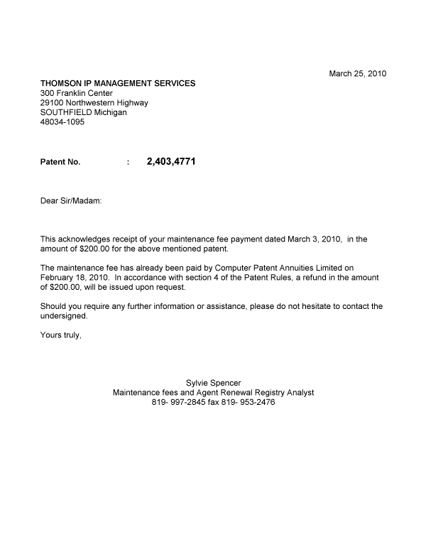 Canadian Patent Document 2403477. Correspondence 20100325. Image 1 of 1