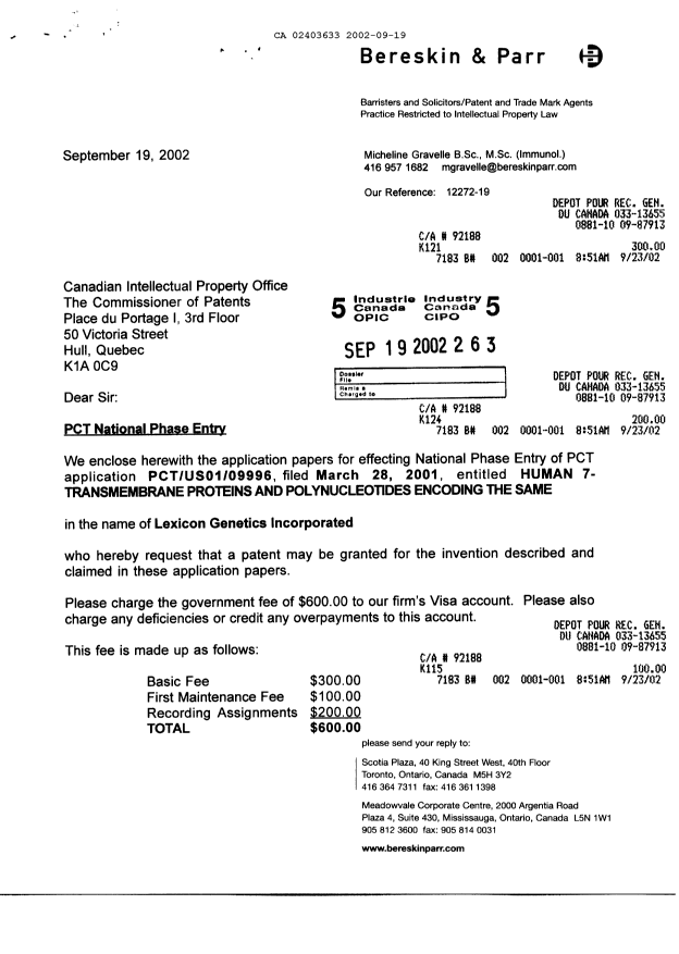 Document de brevet canadien 2403633. Cession 20020919. Image 1 de 19