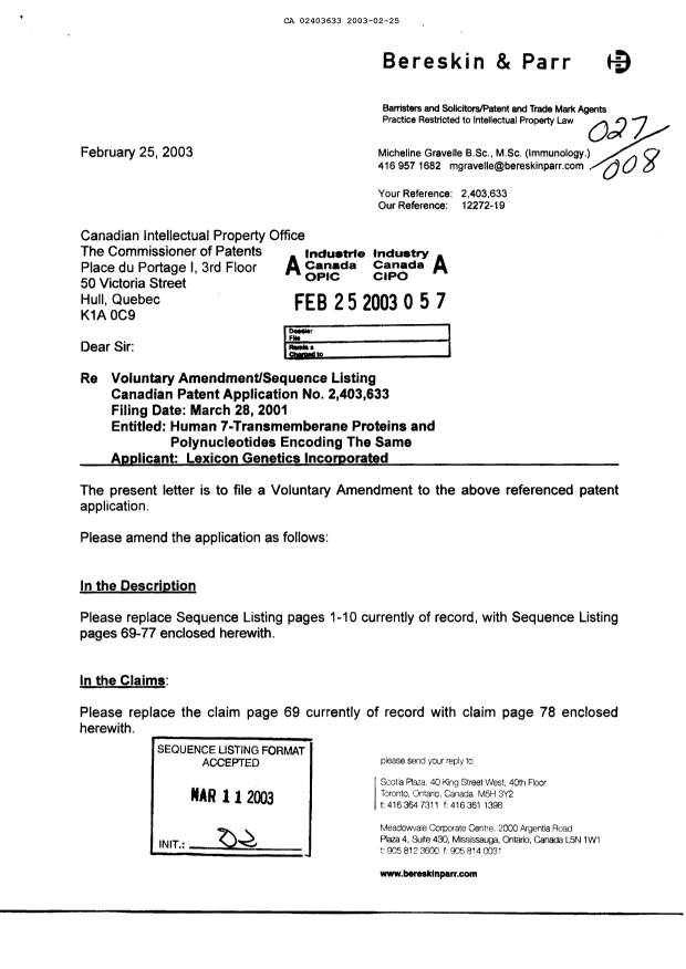 Document de brevet canadien 2403633. Poursuite-Amendment 20030225. Image 1 de 12