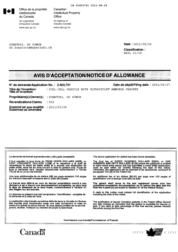 Document de brevet canadien 2403741. Correspondance 20110818. Image 1 de 1