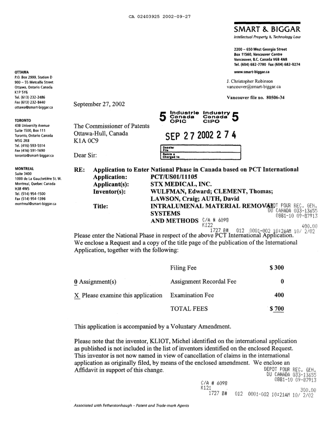 Document de brevet canadien 2403925. Cession 20020927. Image 1 de 5