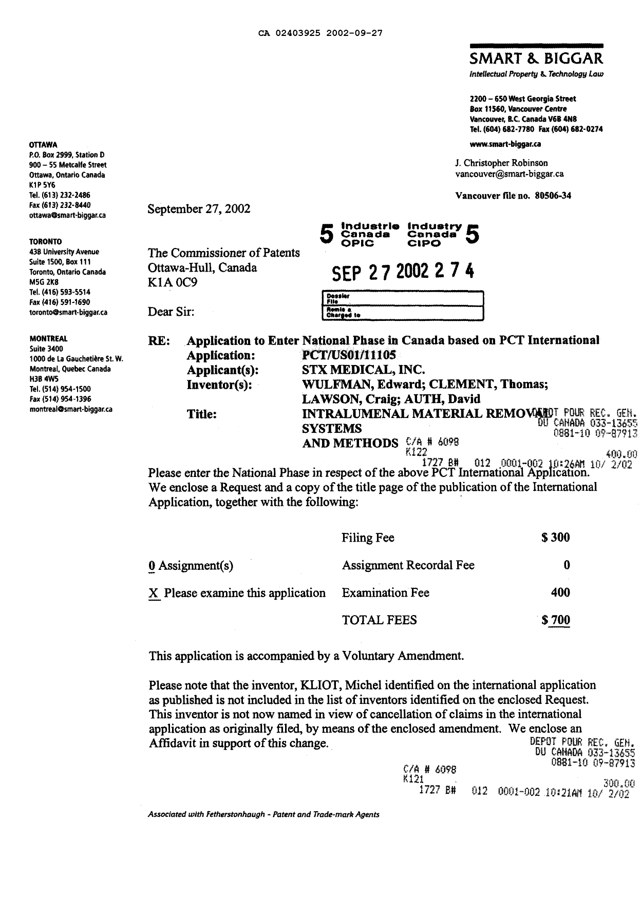 Canadian Patent Document 2403925. Assignment 20020927. Image 1 of 5