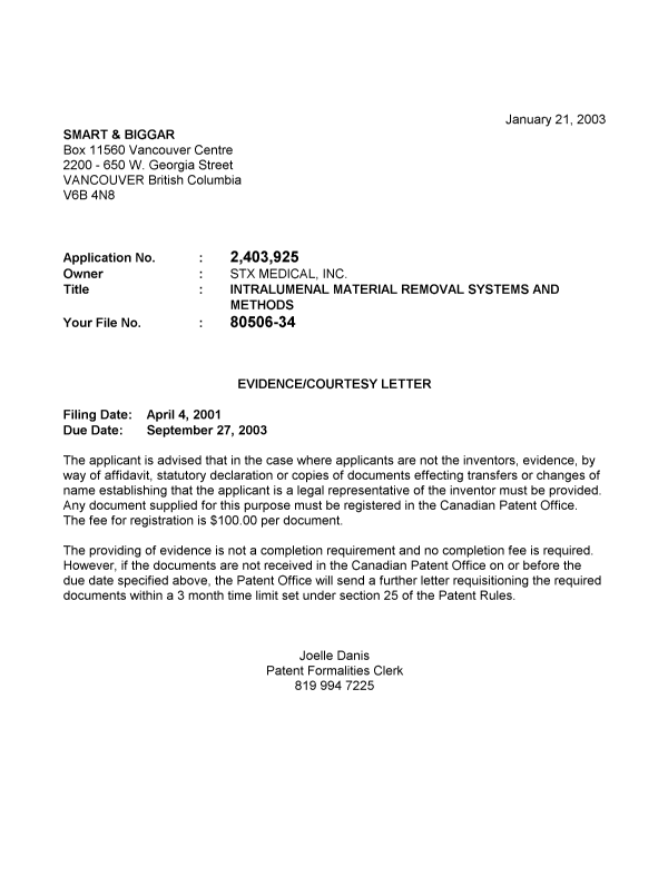 Canadian Patent Document 2403925. Correspondence 20030116. Image 1 of 1