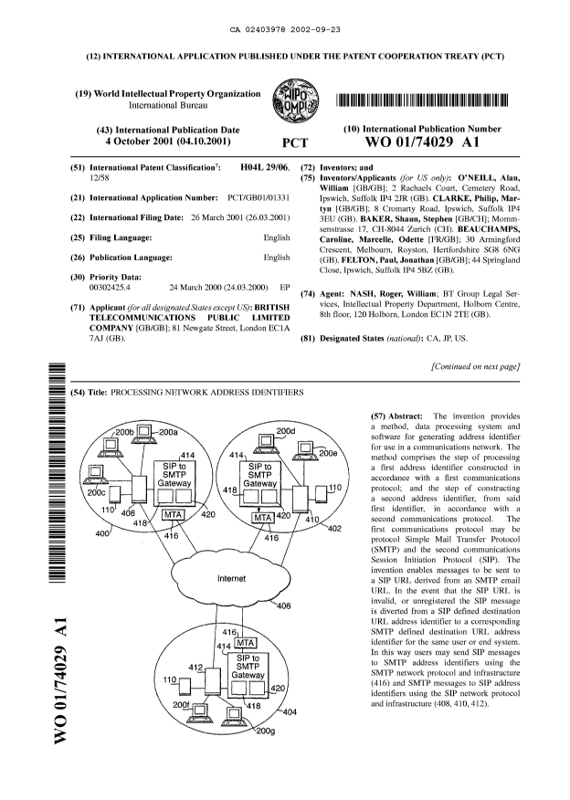 Document de brevet canadien 2403978. Abrégé 20020923. Image 1 de 2